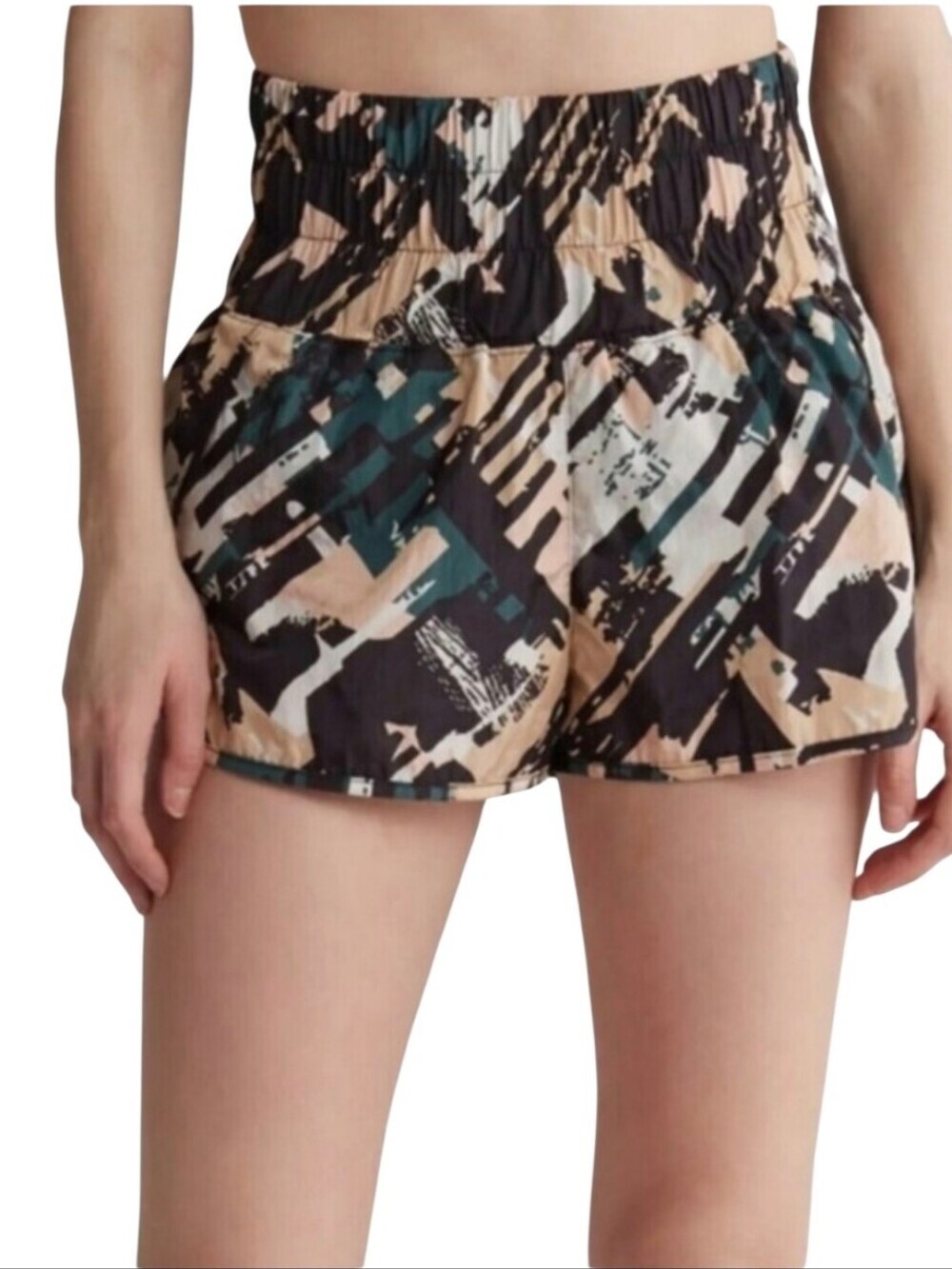 FP Movement by Free People Abstract Print Athletic Shorts - Black, Peach, Teal